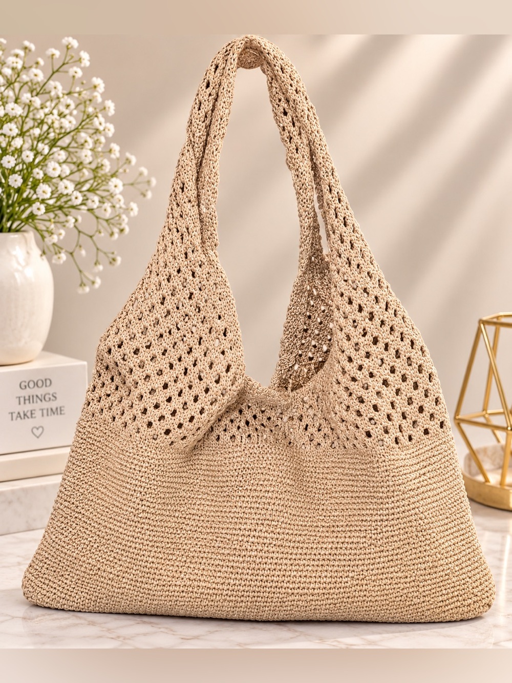 Handwoven Beige Crochet Shoulder Bag - Women Bags